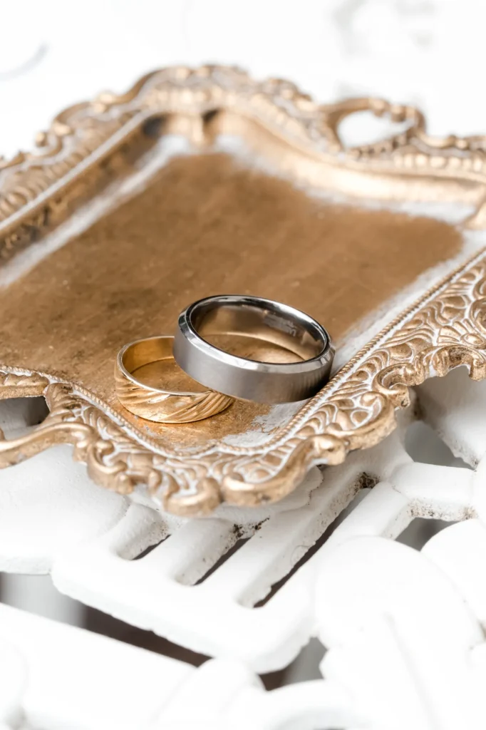 Wedding rings on a gold tray, Lake Orta