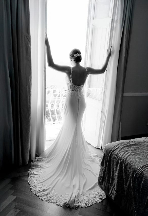 The bride at the window, in black and white