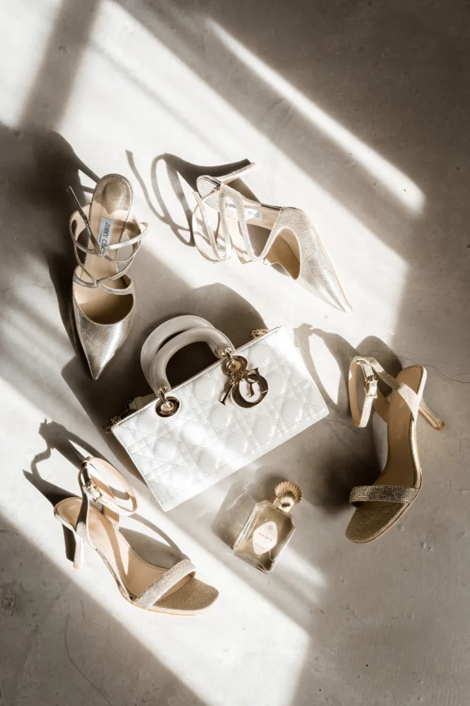 Bridal shoes and bag in the morning light, Casa Scaparone, Alba