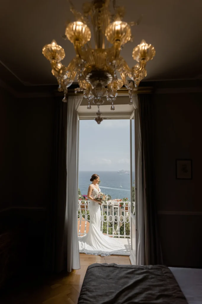 The bride on a balcony over the sea, Portofino