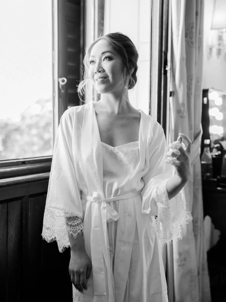 The bride in her robe before getting dressed, Castello Dal Pozzo